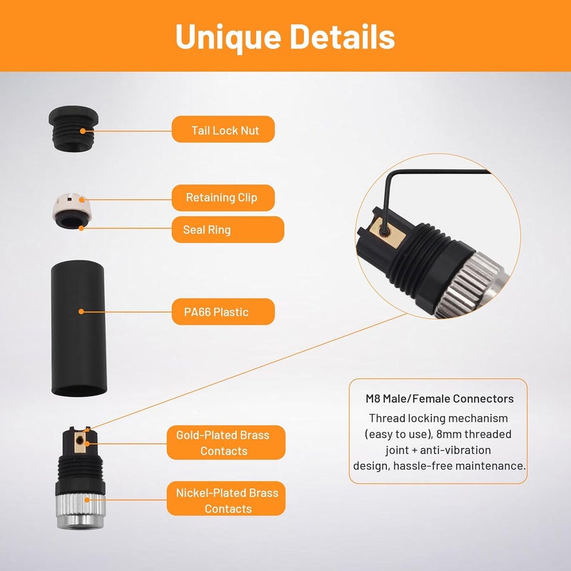 Elecbee 5PCS M8 3 Pin Connector A Code Industrial Circular Connector Straight Female Assemble Type Plug Non-Shield Connector Panel Receptacles Front Mount, Outdoor Waterproof IP67 - Image 3
